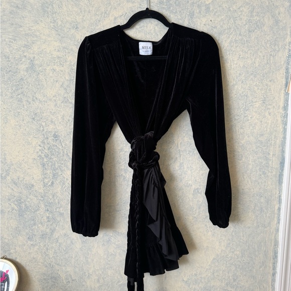 Misa Los Angeles | Black Velvet Wrap dress with braided tie side - Picture 2 of 5